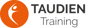 Taudien Training logotyp med orange cirkel och stiliserad yogafigur för yogahelg på Starby Spa & Hotell