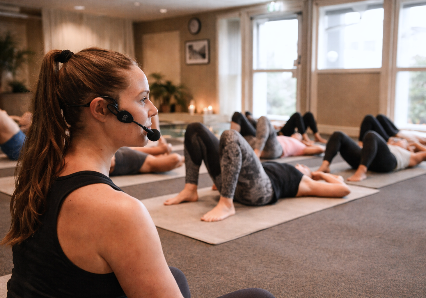 Yogainstruktör med headsetmikrofon leder en grupp deltagare i avslappningsövningar på matta vid Taudien Training-helg p...